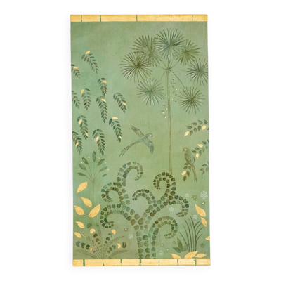 Toile peinte, ou panneau décoratif, Perroquets et feuillages. Contemporain.