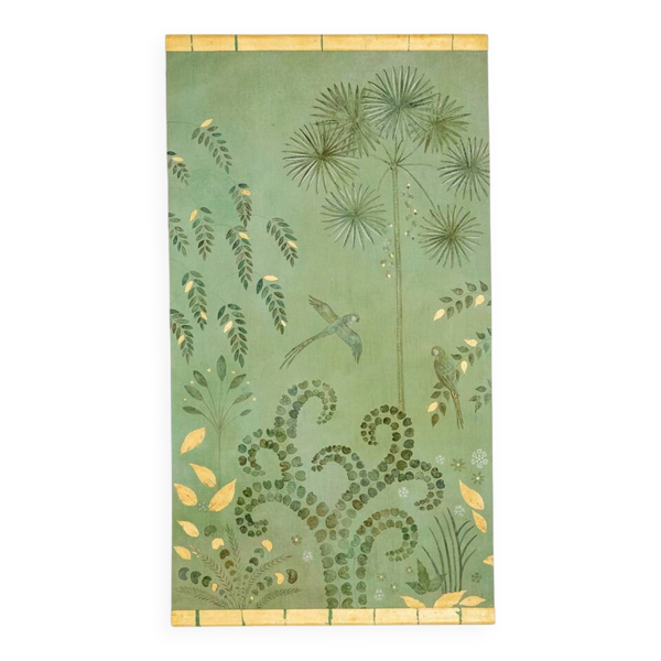 Toile peinte, ou panneau décoratif, Perroquets et feuillages. Contemporain. — Beyit
