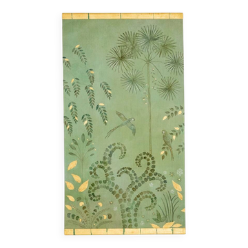 Painted canvas, or decorative panel, Parrots and foliage. Contemporary.