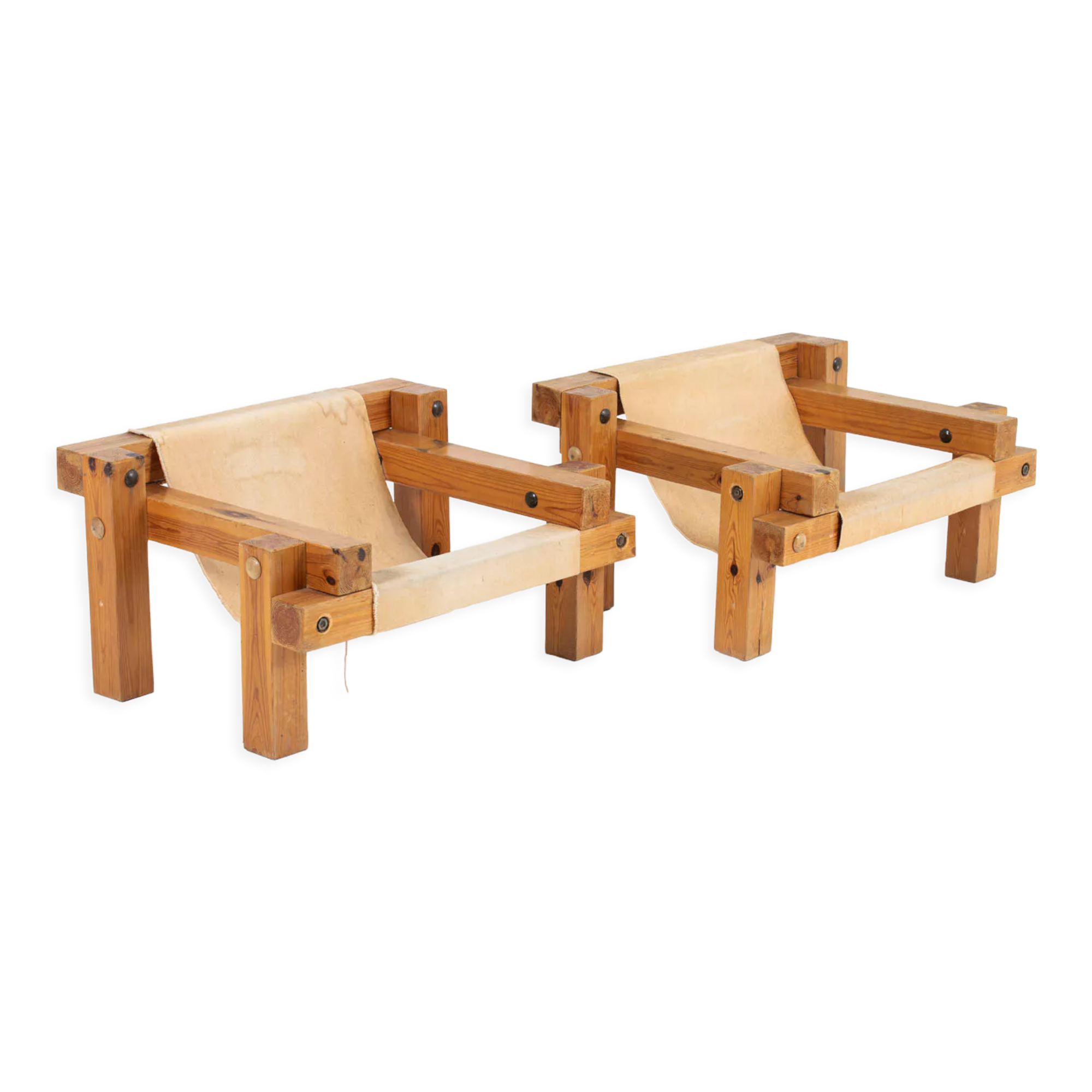 Pair of brutalist chairs in pine and canvas, 1970s
