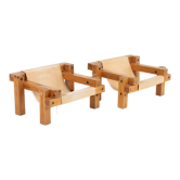 Paire de fauteuils brutalistes en pin et toile, années 1970