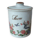 Ancienne boite à sucre en grès moucheté décor oiseau et arbre en fleurs