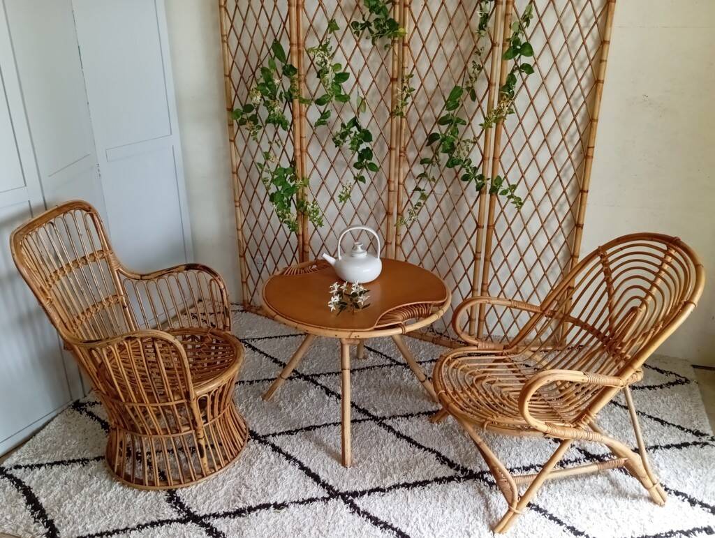 Rattan and oak coffee table from the 60s