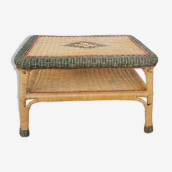 Table basse ancienne en rotin avec tresse verte