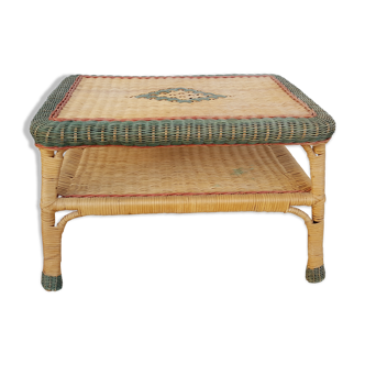 Table basse ancienne en rotin avec tresse verte