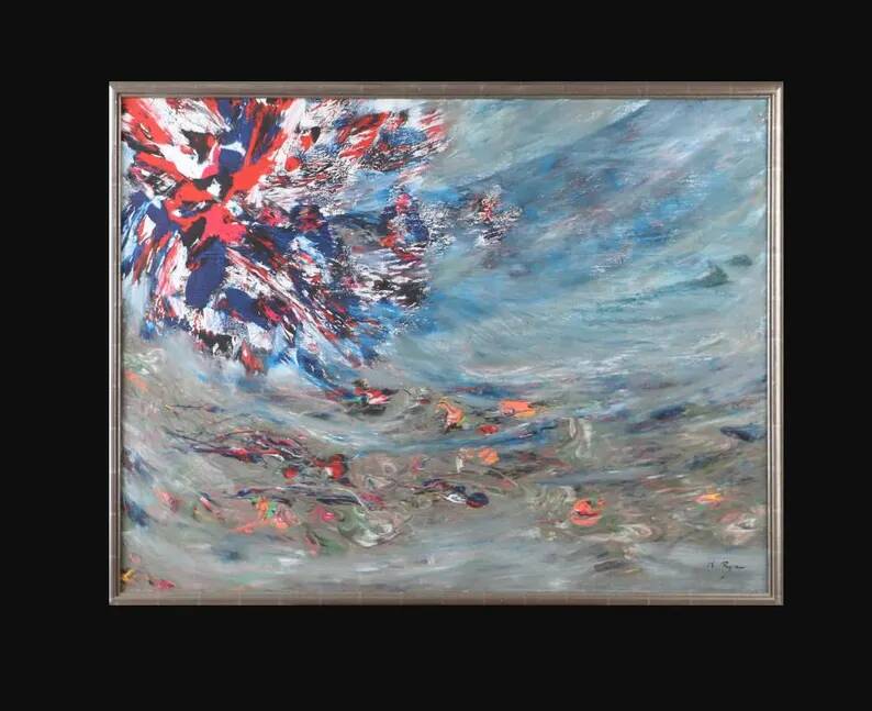 Huile sur toile originale suédoise – "Composition" par Keiko Ryu – Signée – Vintage et encadrée