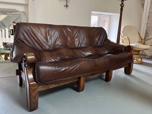 Ensemble Canapé et 2 Fauteuils Années 60 en Bois et Cuir