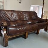 1960s Sofa and 2 Armchairs Set in Wood and Leather