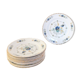 Service de 12 assiettes de service Moulin des Loups, floral, bleu, or