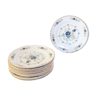 Service of 12 service plates Moulin des Wolves, floral, blue, gold