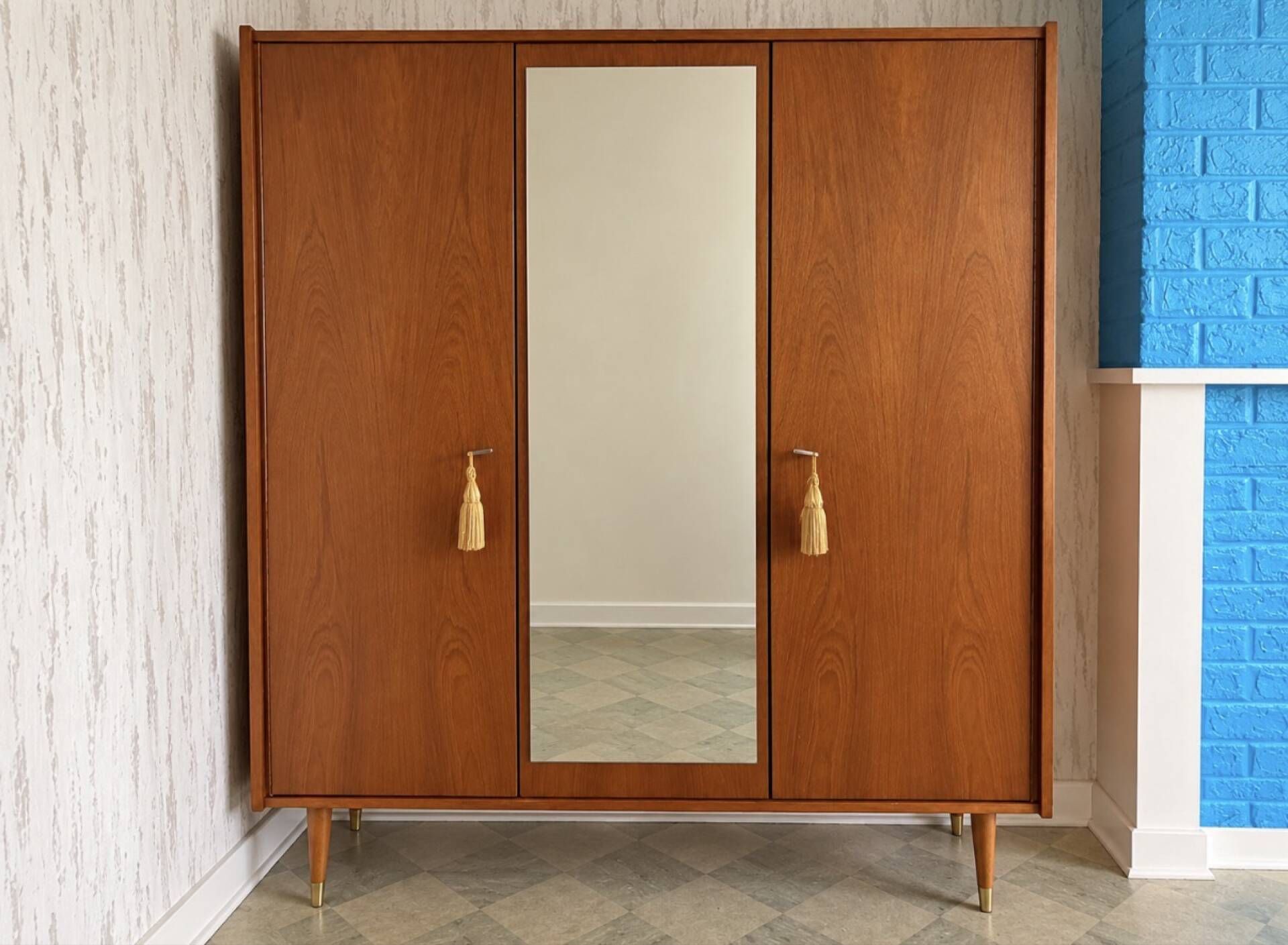 Vintage Mid-Century Wooden Wardrobe with Mirror – 1950s/60s