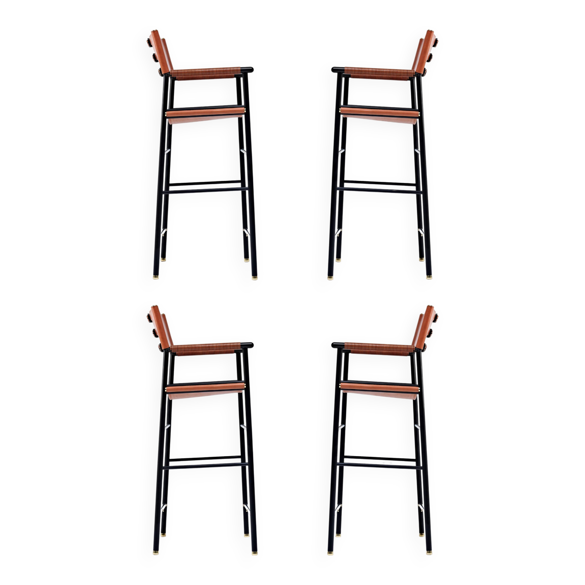 Set of 4 bar stools with backrest, made of natural leather in toasted colour.