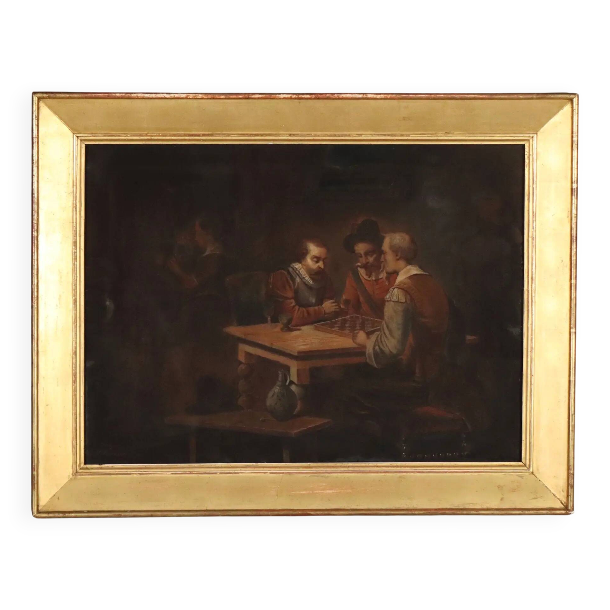 Old painting "The Chess Players" in pencil on paper, 19th century.