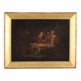 Old painting "The Chess Players" in pencil on paper, 19th century.