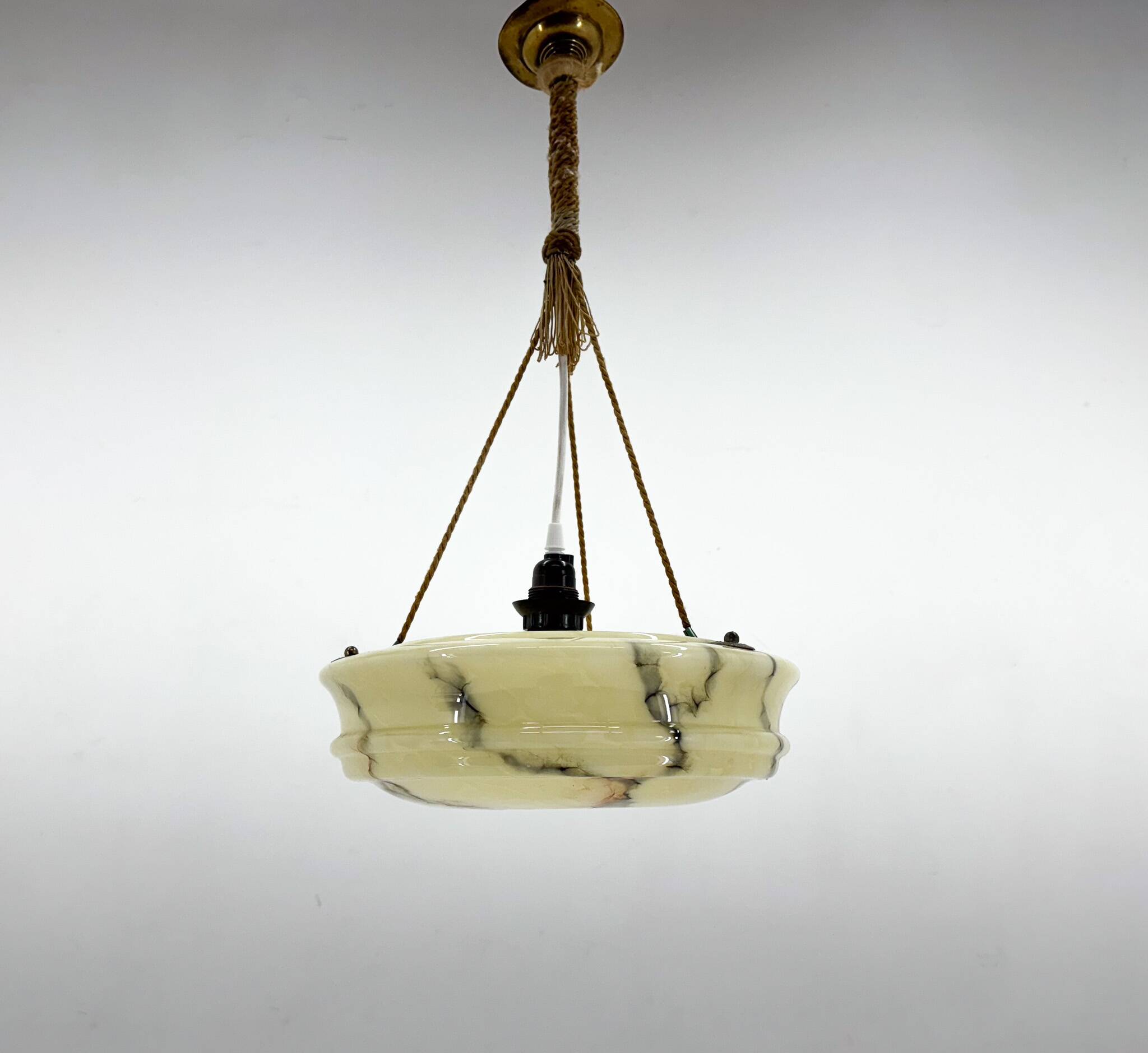 Art Deco Marble Glass Pendant Light on Original Rope