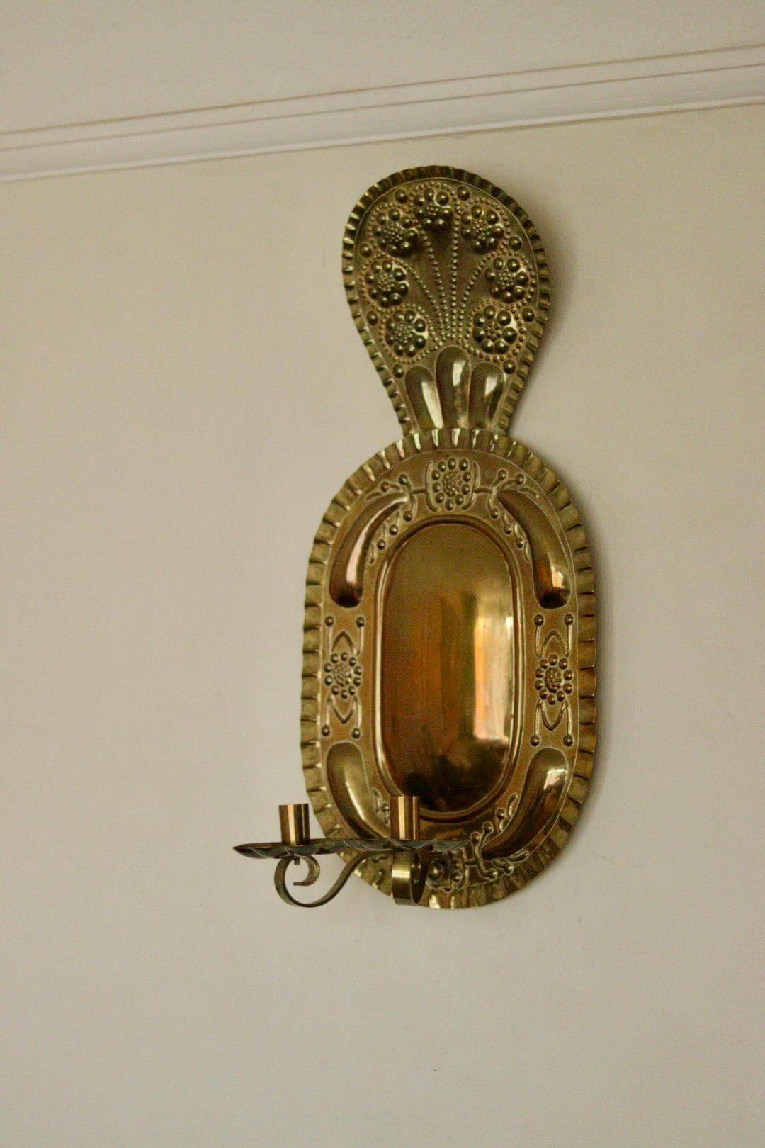 X-large mid-century Swedish brass Baroque sconce with double arm design