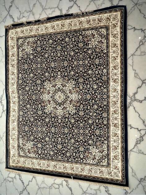 Tapis de Salon Classique Bleu Marine Orné de Fleurs