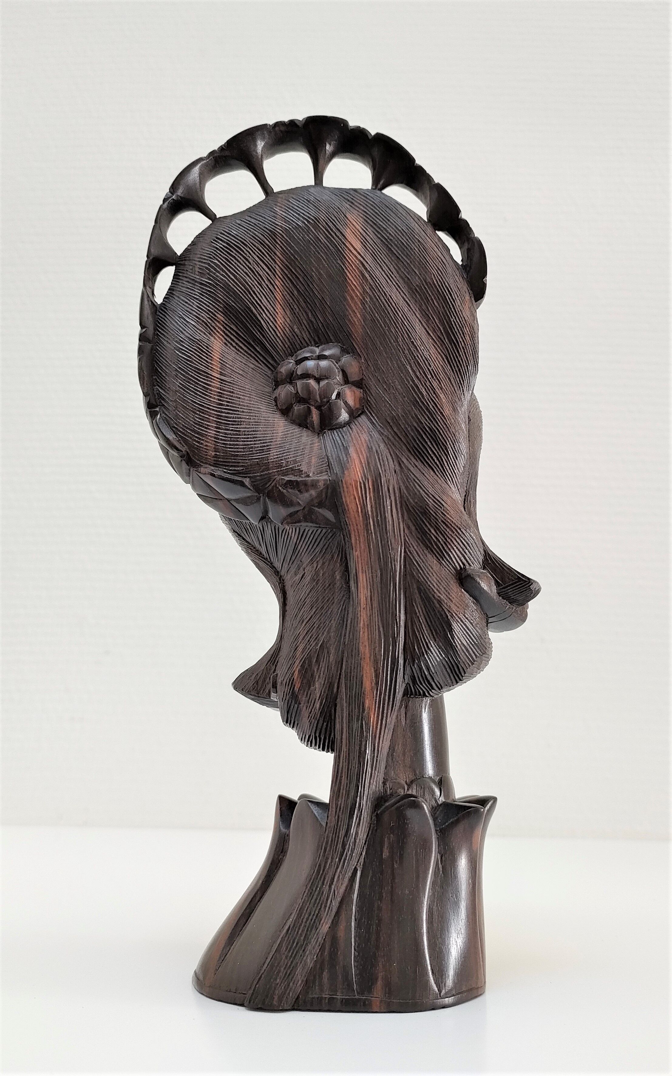Wooden bust of woman with floral headdress sculptural work of the 60s-70s