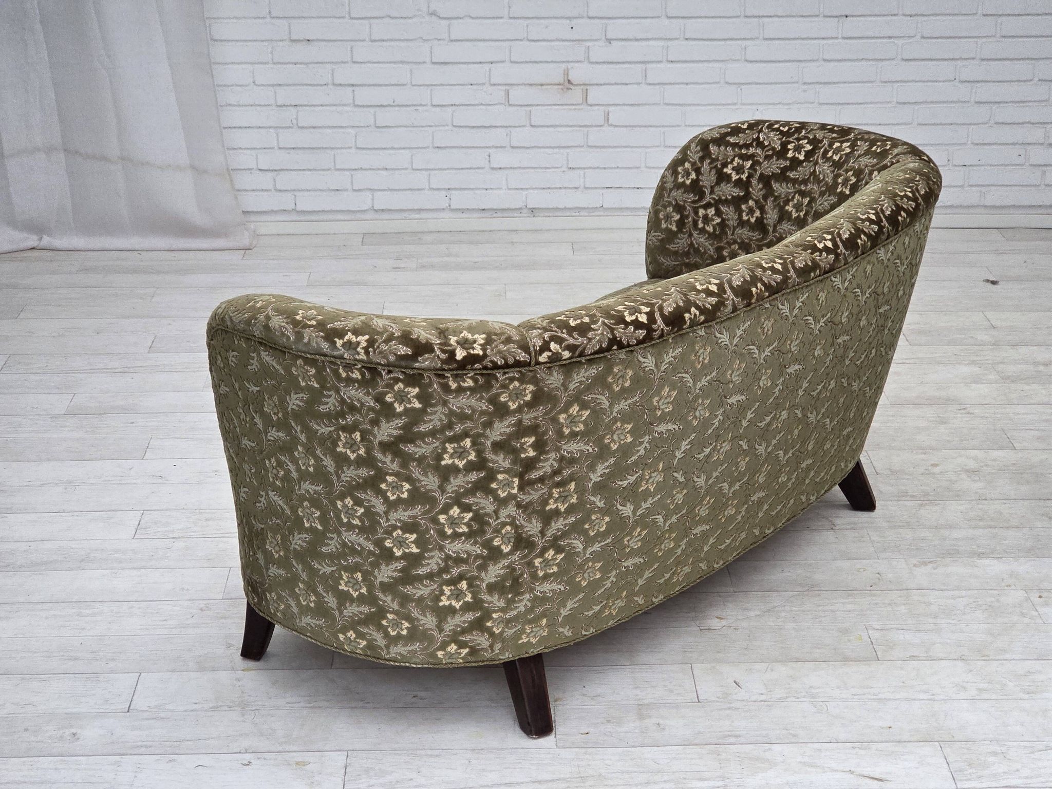 1960s, Danish curved 2-seater sofa, green furniture velour, beech wood.