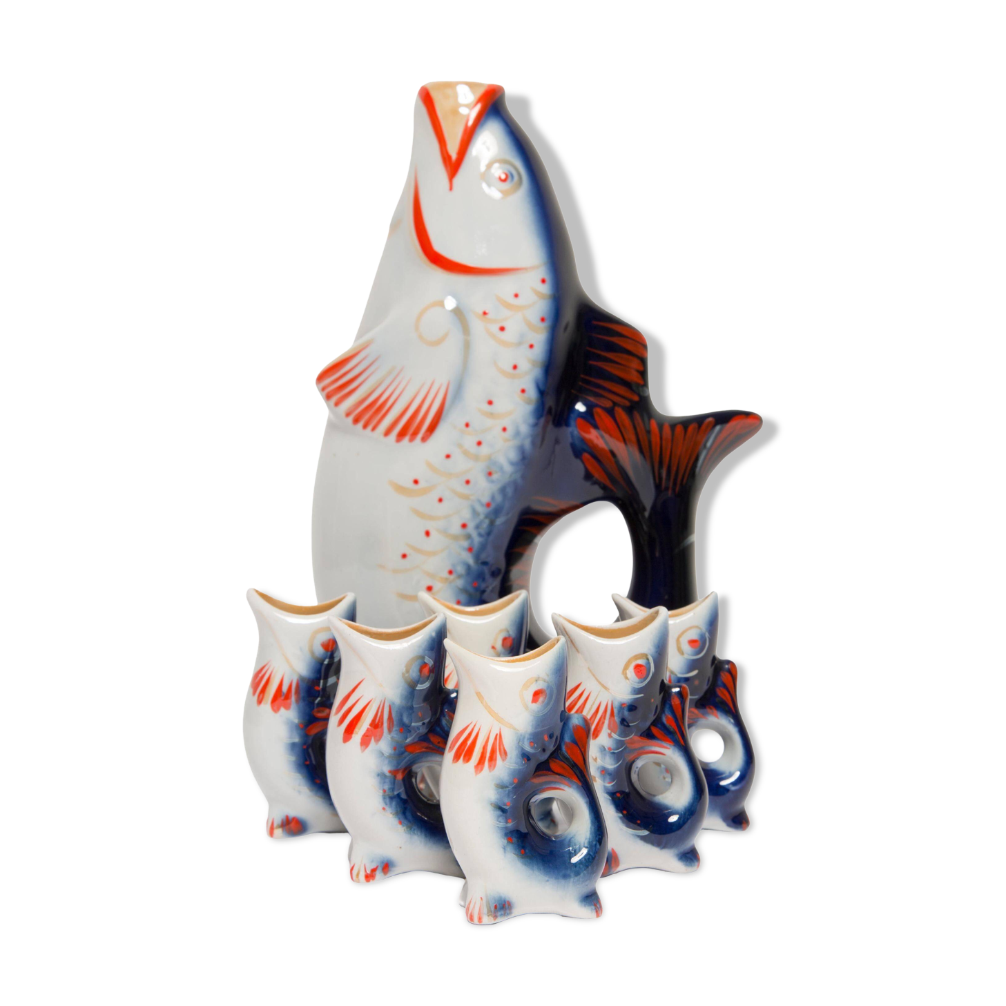 Set of 7 blue glass fish, mid-20th century.