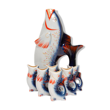 Set of 7 blue glass fish, mid-20th century.