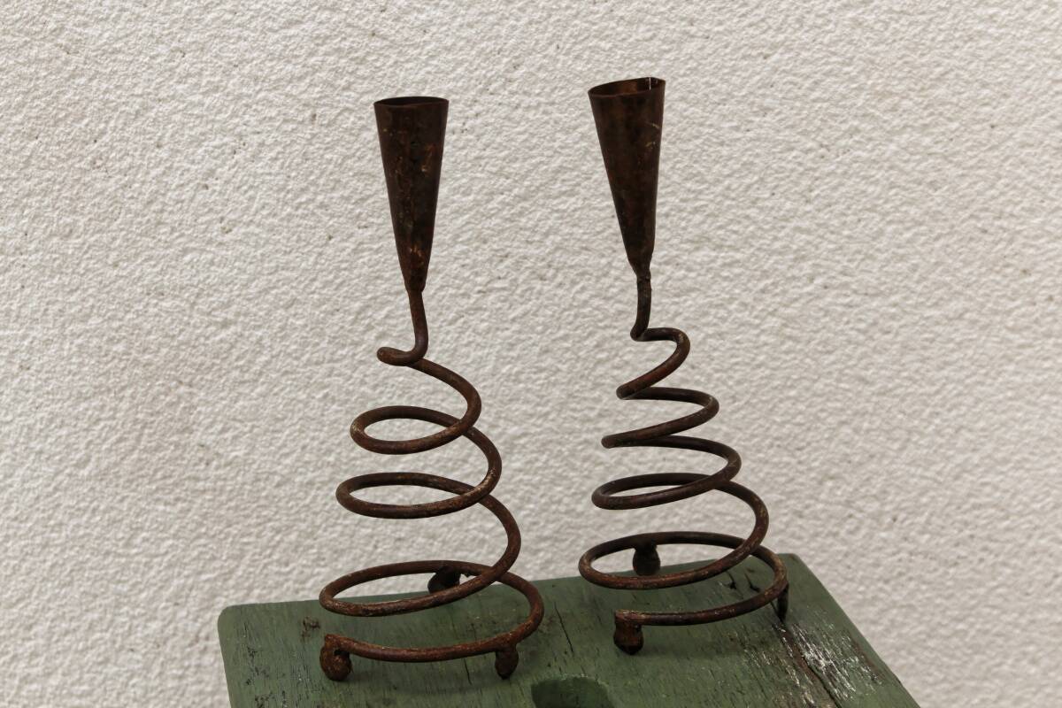 Pair of wrought iron spiral candlesticks