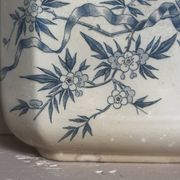 Old faience sugar bowl base with a patinated blue floral pattern from Digoin.