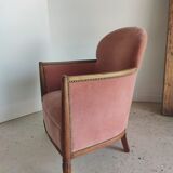 Armchair art deco pink velvet trim