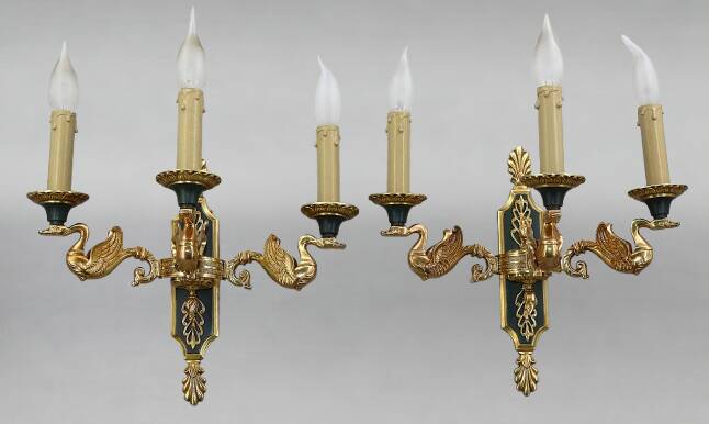Pair of gold bronze wall lights in Empire style with three lights "Lucien Gau"