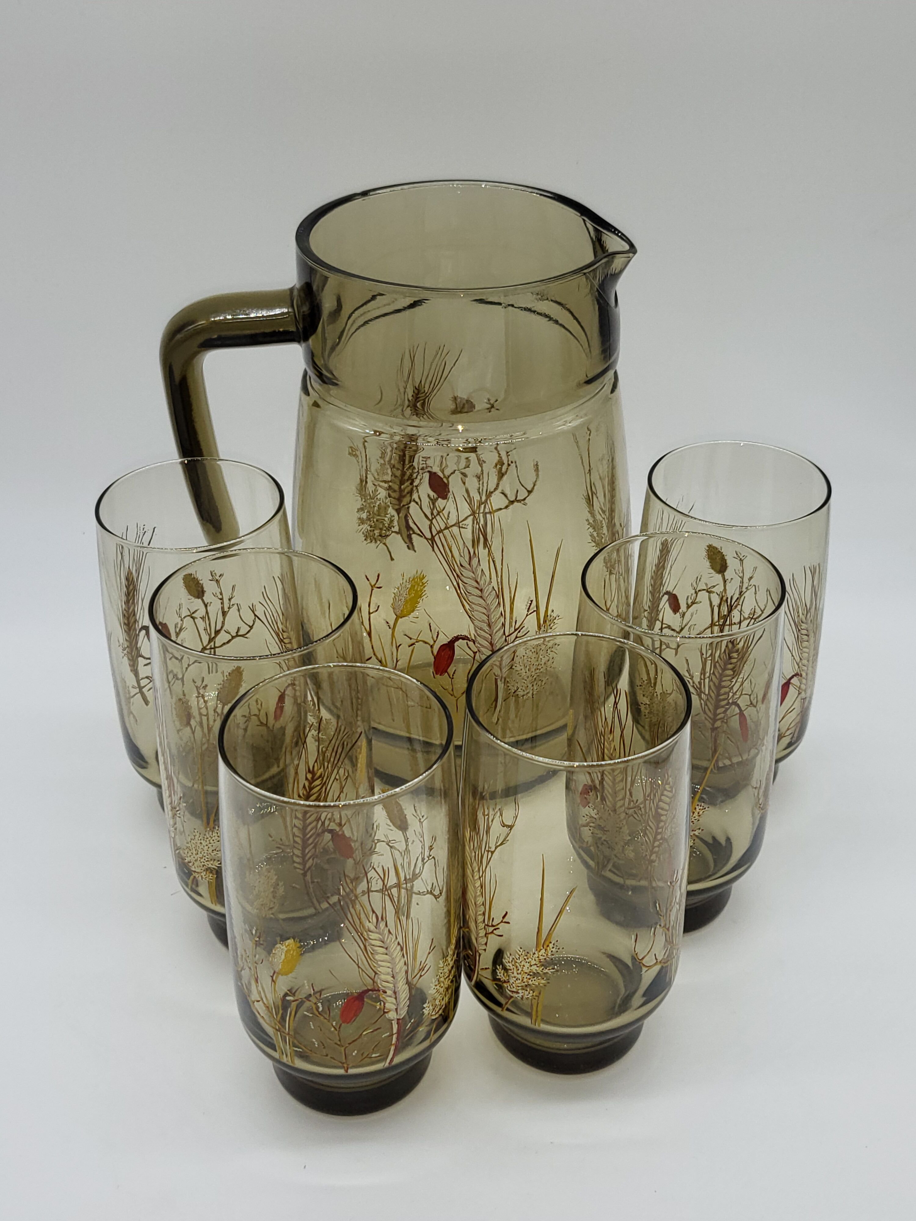 Pitcher and 6 lemonade glasses - wheat cob decoration - Luminarc France - vintage 70s