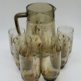 Pitcher and 6 lemonade glasses - wheat cob decoration - Luminarc France - vintage 70s