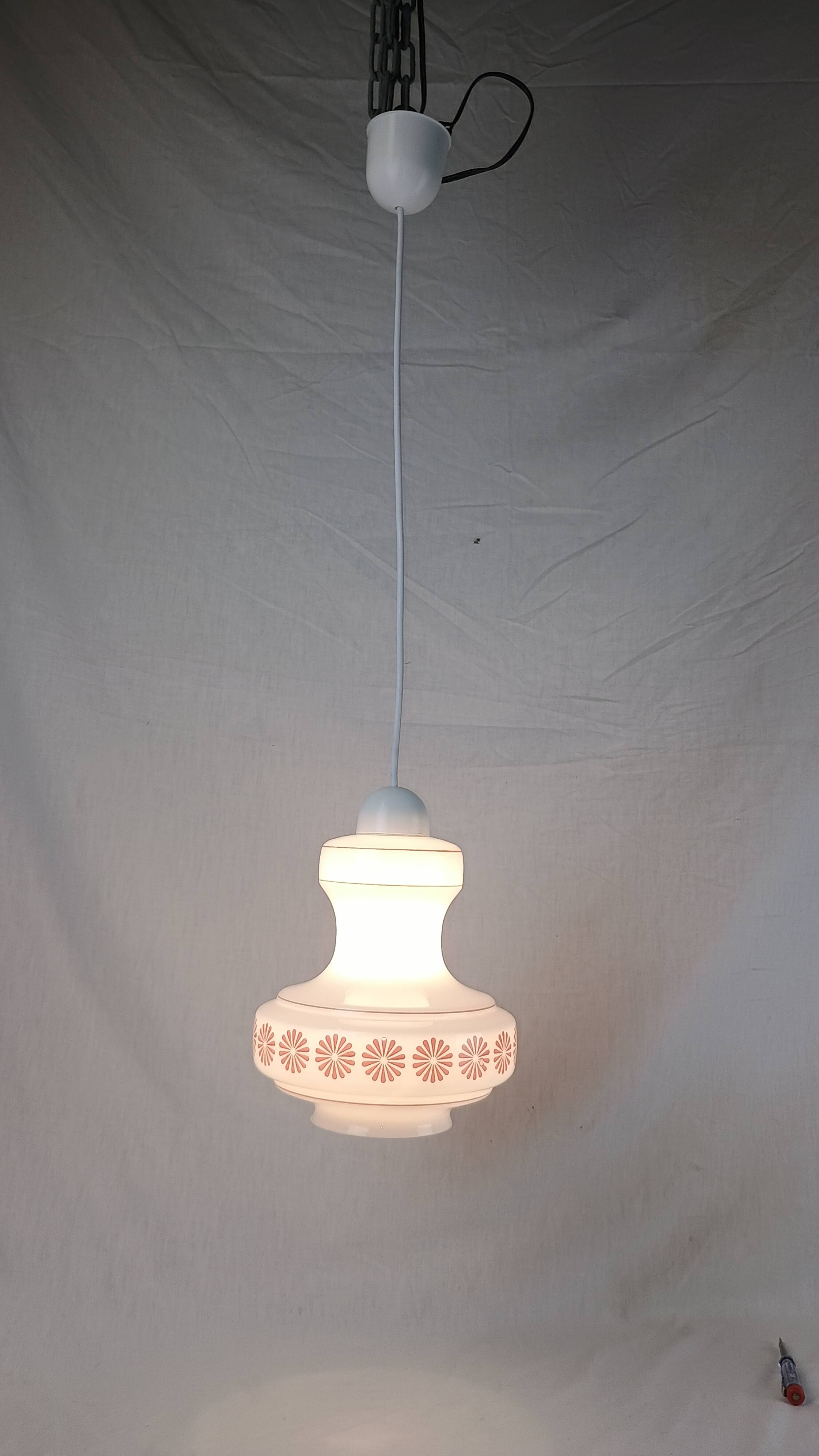 Vintage French pendant light in cream-white glass with pink flowers