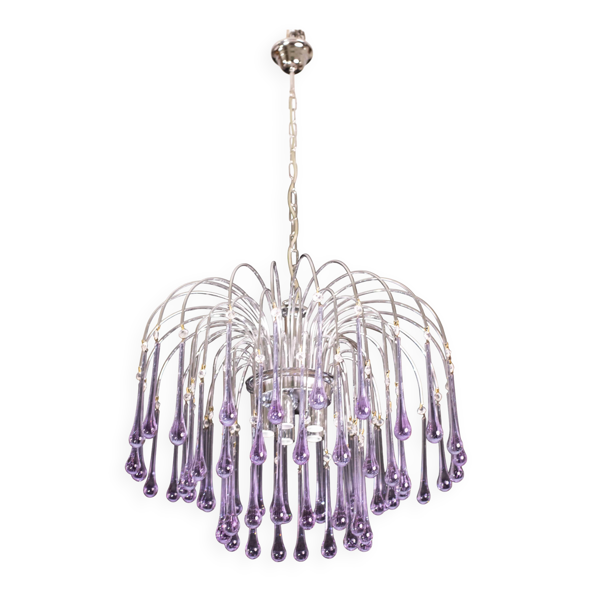 The Purple Crown, LArge Size Murano Chandelier Purple and Crystal Drops, 19