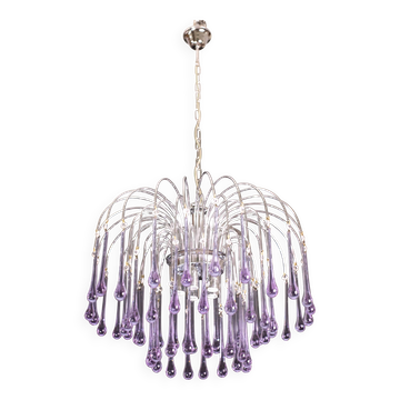 The Purple Crown, LArge Size Murano Chandelier Purple and Crystal Drops, 19