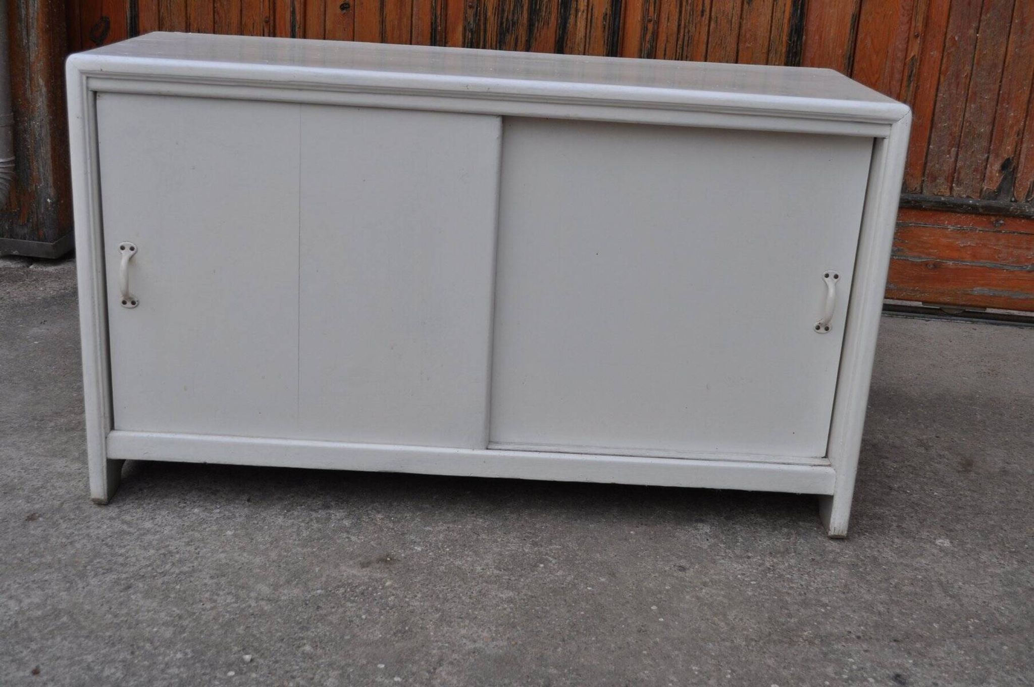White painted wooden shoe cabinet, vintage 1950s - storage cupboard for shoe polish.