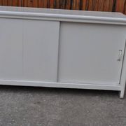 White painted wooden shoe cabinet, vintage 1950s - storage cupboard for shoe polish.