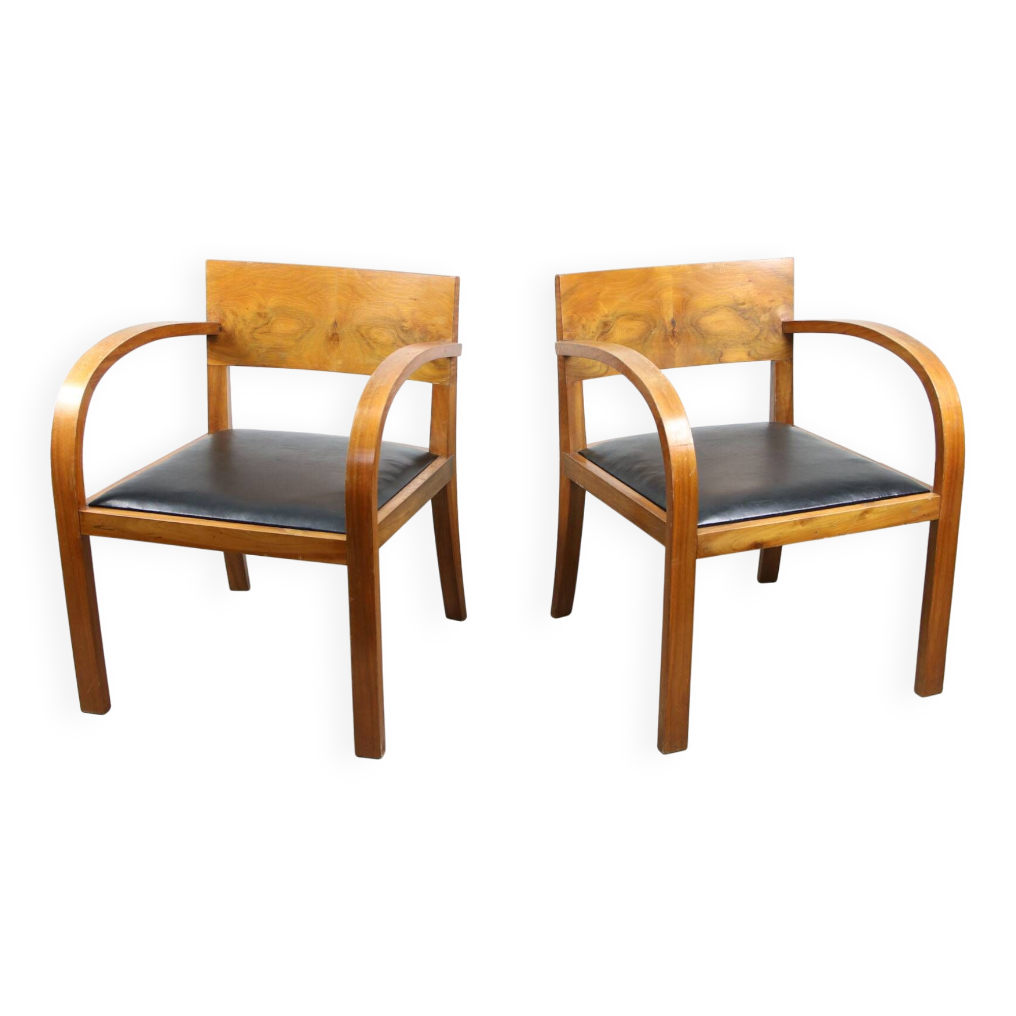 Italian Art Deco Lounge Chairs in Wood & Black Leatherette, set of 2
