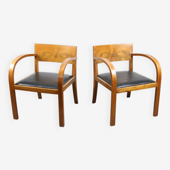 Set de 2 fauteuils Art Déco italiens en bois et similicuir noir