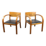 Italian Art Deco Lounge Chairs in Wood & Black Leatherette, set of 2