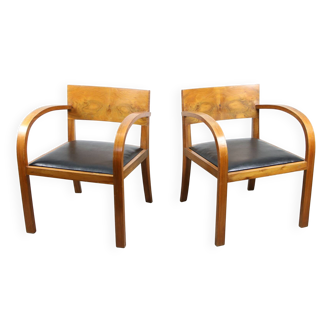 Italian Art Deco Lounge Chairs in Wood & Black Leatherette, set of 2