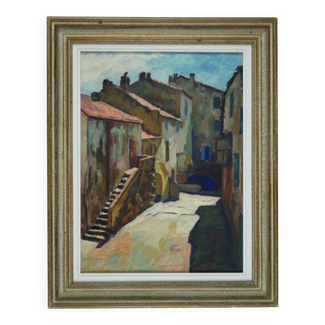 Corsica, alley of the Lower Town of Calvi. Framed old painting.