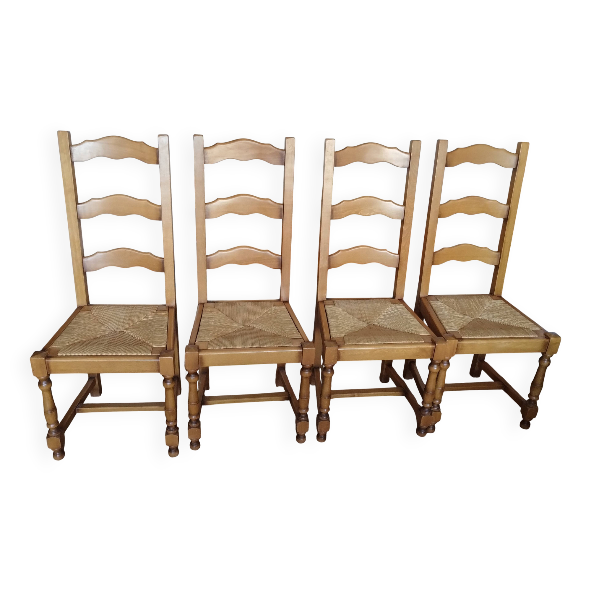 4 chaises dossier haut paillées en bois massif clair style rustique