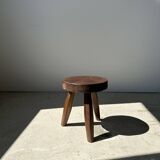 Tripod stool in upcycled teak, low flat - Small tripod stool in brown solid wood, circular seat