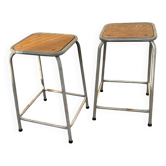 2 tabourets industriels en bois et métal gris