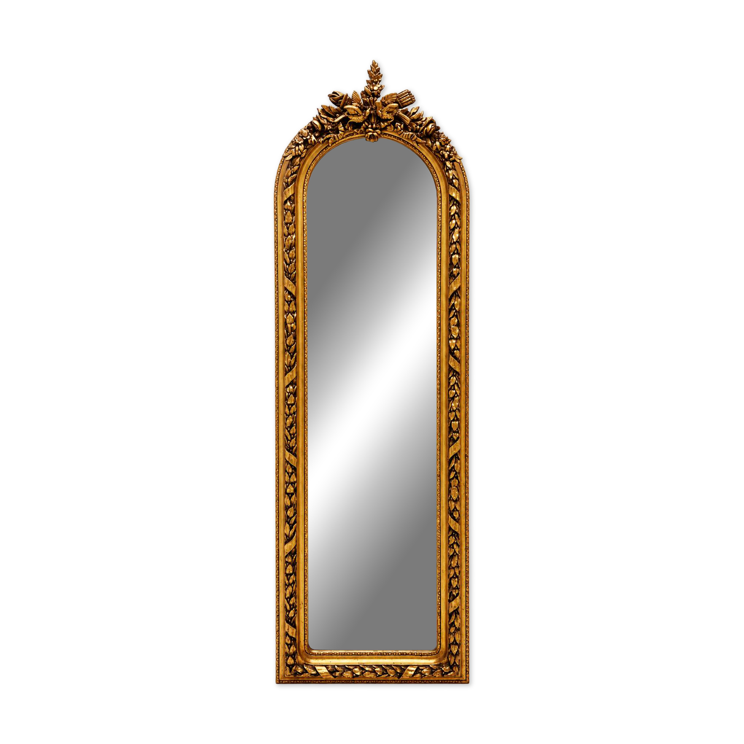Large gold full-length mirror with ornate crest