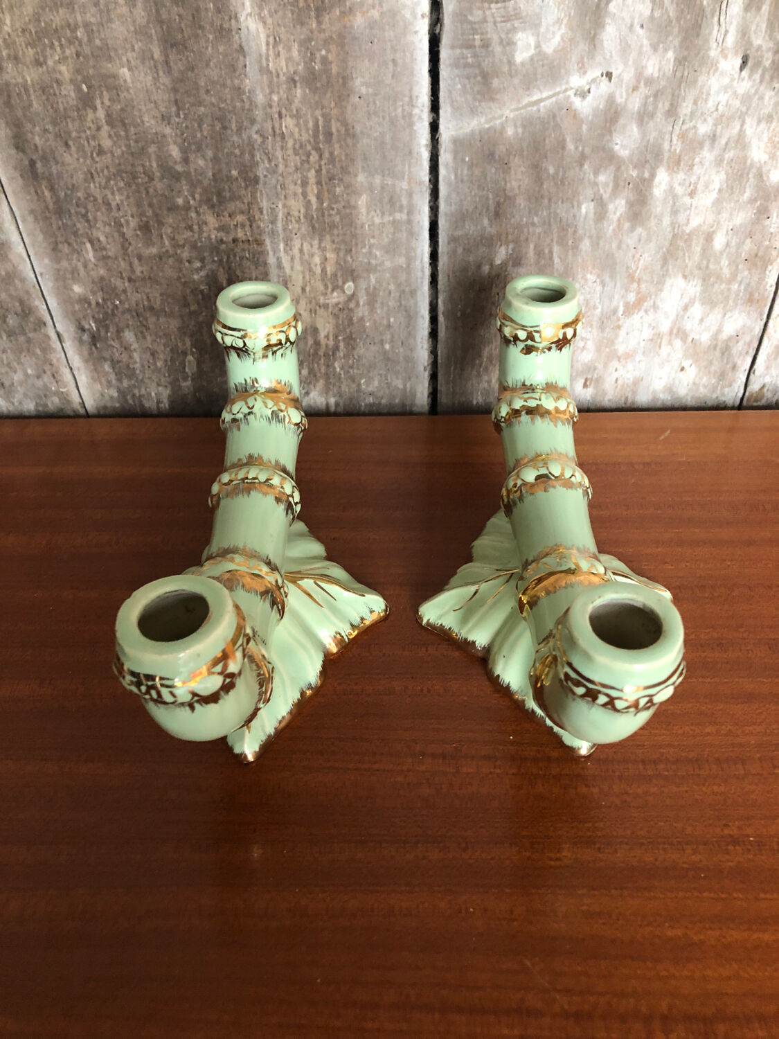 Old pair of double ceramic candlesticks green & gold vintage #A270