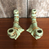 Old pair of double ceramic candlesticks green & gold vintage #A270