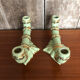Old pair of double ceramic candlesticks green & gold vintage #A270