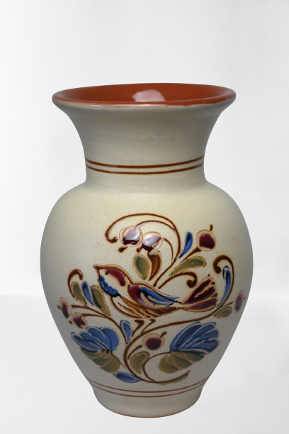 Vintage ceramic vase with bird decoration, signed.