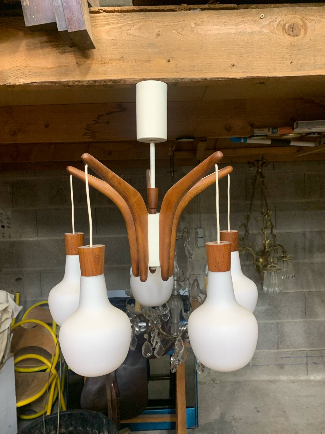 Teak and opaline Rispal chandelier, circa 1960.